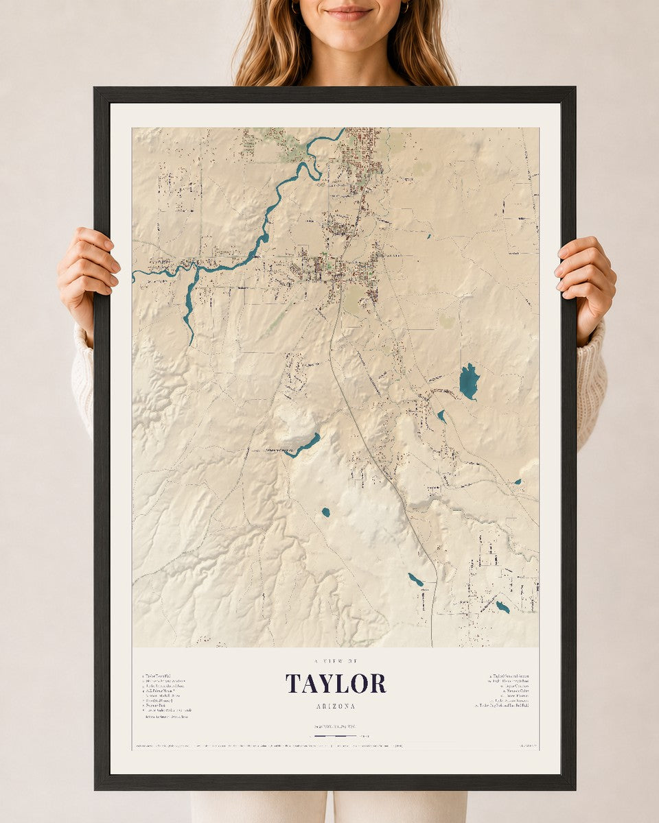 Taylor, Arizona map print, 24" x 36", W/ Black Ayous Wood Frame