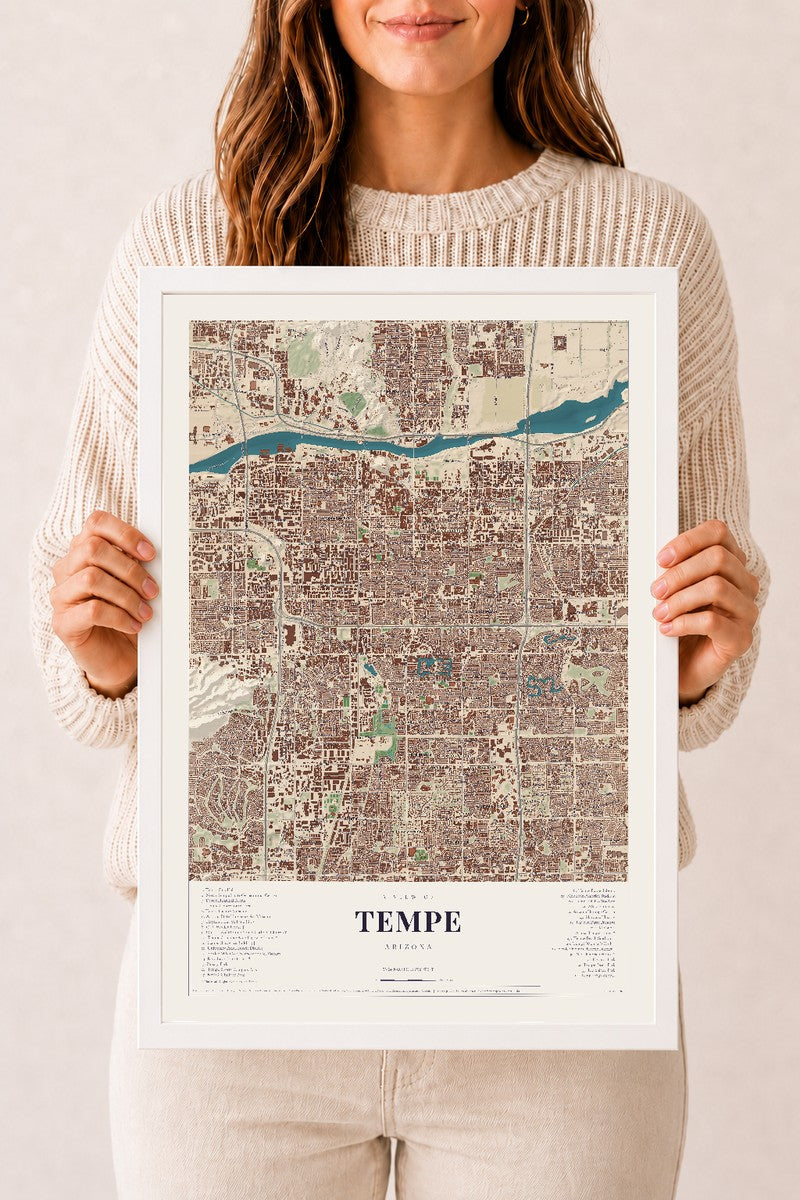 Tempe, Arizona map print, 12" x 18", W/ White Ayous Wood Frame