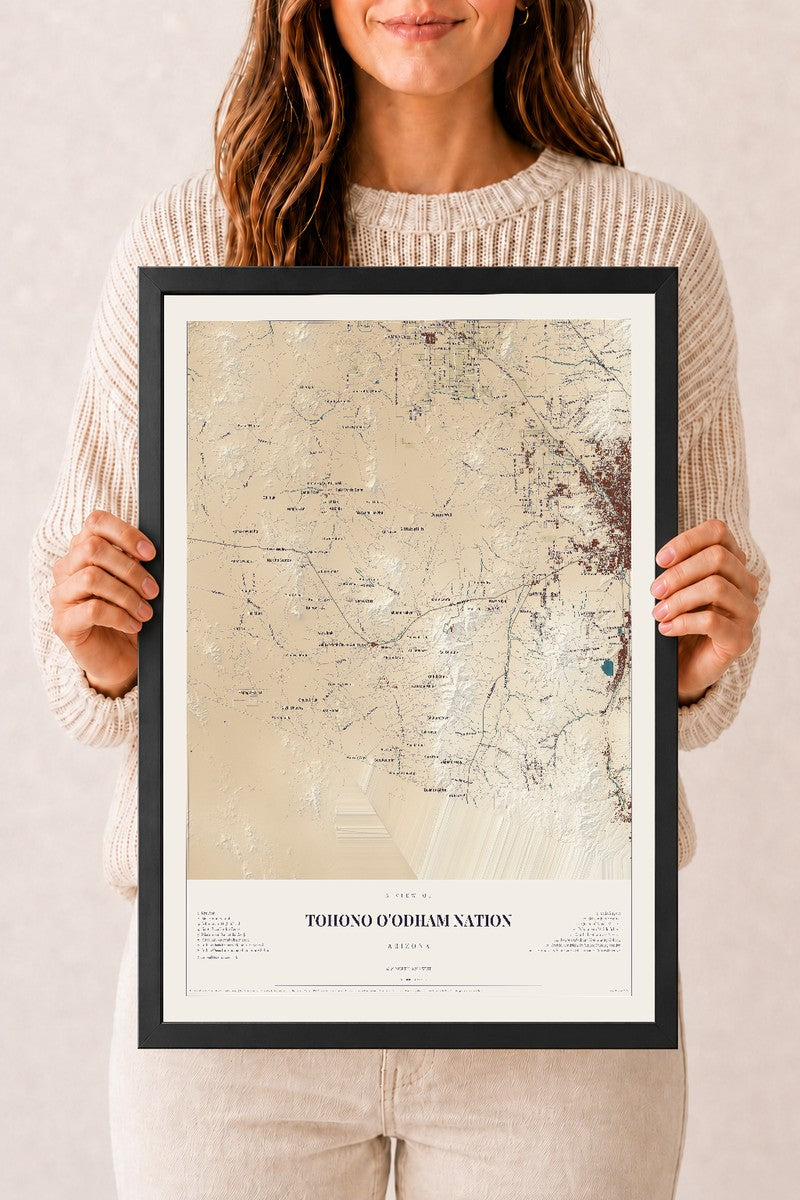 Map of Tohono O'odham Nation, Arizona, 12 x 18 inch print in a black wood frame