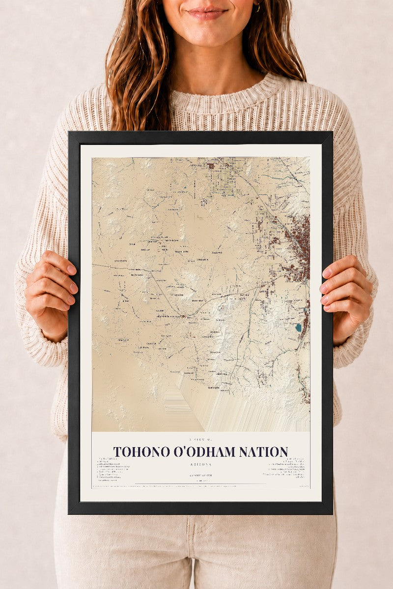 Tohono O'odham Nation, Arizona map print, 12" x 18", W/ Black Ayous Wood Frame