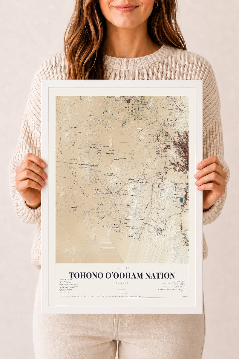Tohono O'odham Nation, Arizona map print, 12" x 18", W/ White Ayous Wood Frame