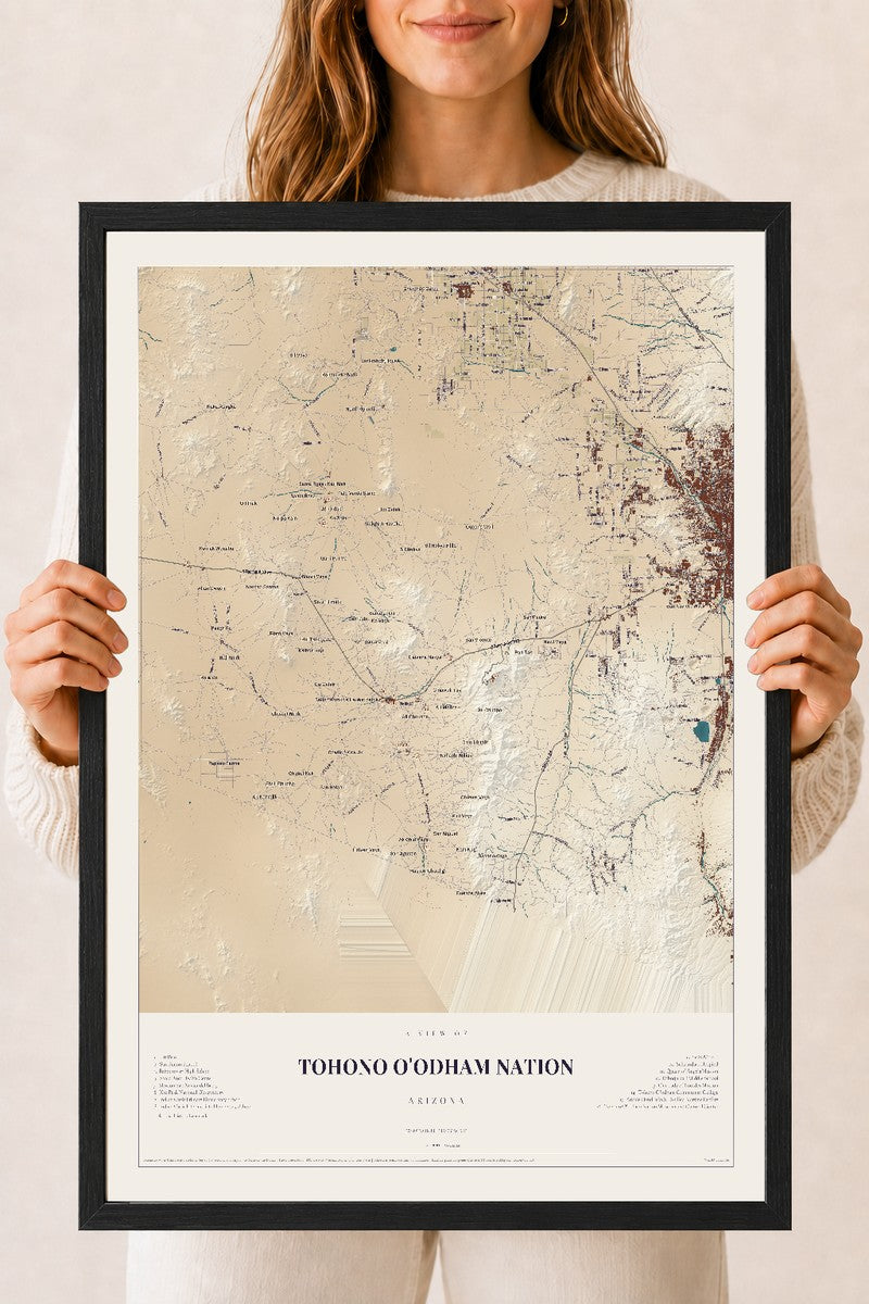 Map of Tohono O'odham Nation, Arizona, 18 x 24 inch print in a black wood frame
