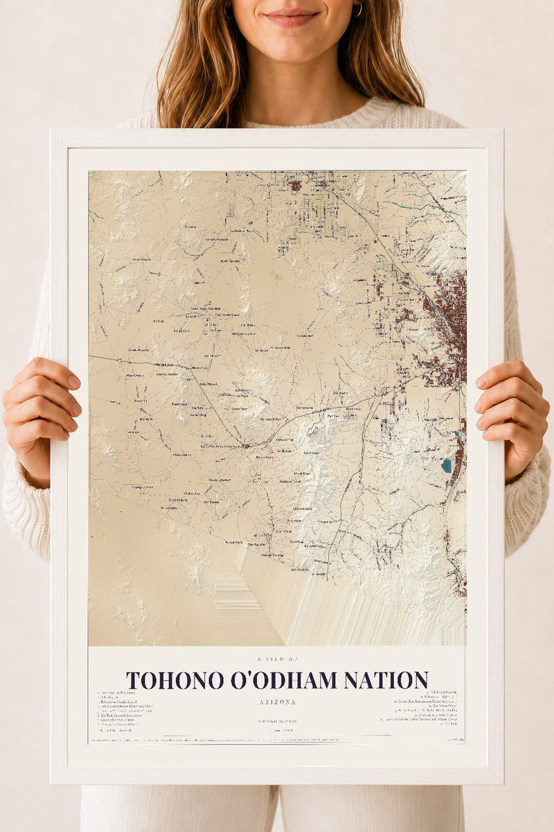Tohono O'odham Nation, Arizona map print, 18" x 24", W/ White Ayous Wood Frame