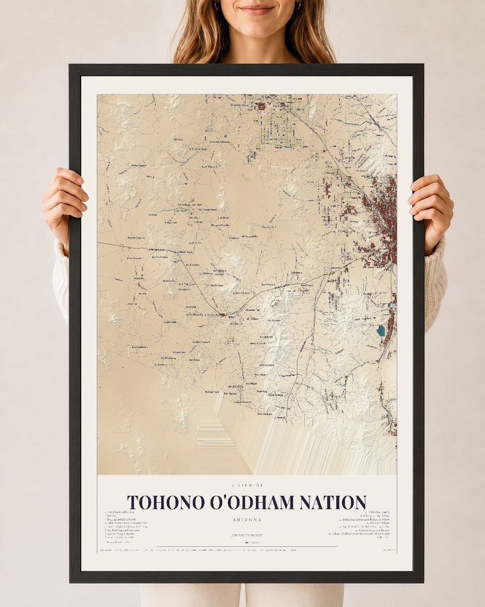 Tohono O'odham Nation, Arizona map print, 24" x 36", W/ Black Ayous Wood Frame