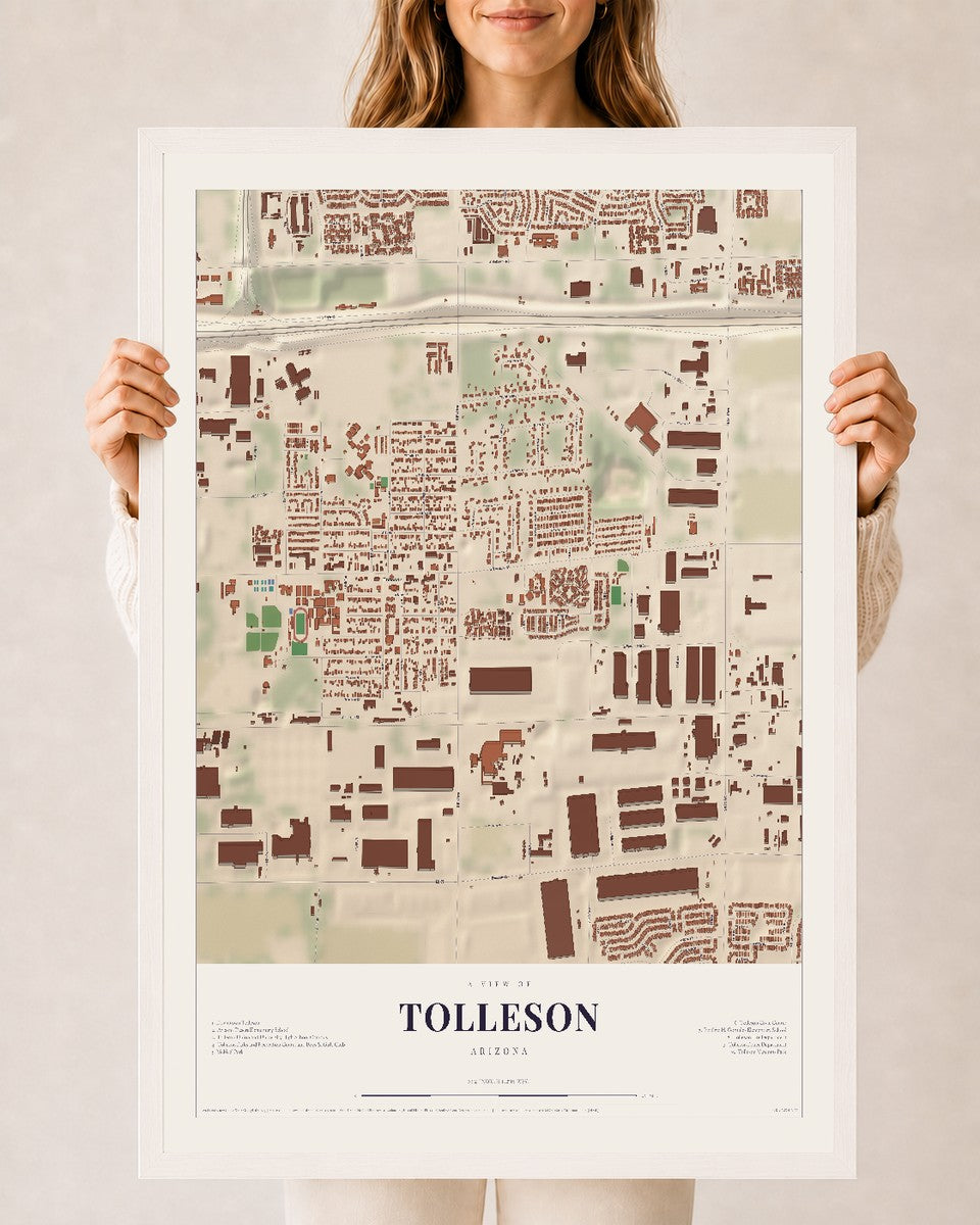 Tolleson, Arizona map print, 24" x 36", W/ White Ayous Wood Frame
