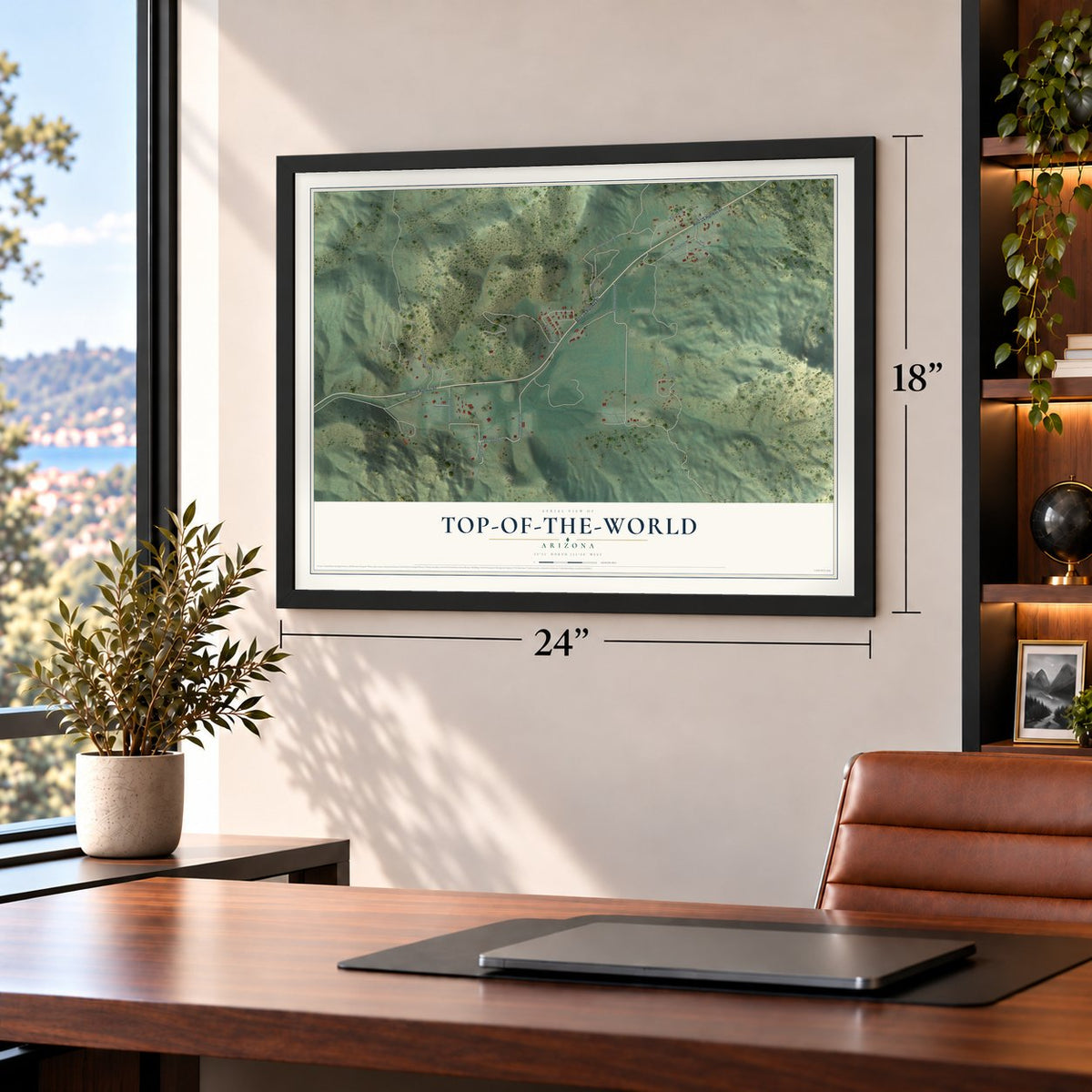 Top-of-the-World, Arizona map, 18 x 24 inch print in a black frame in a home office