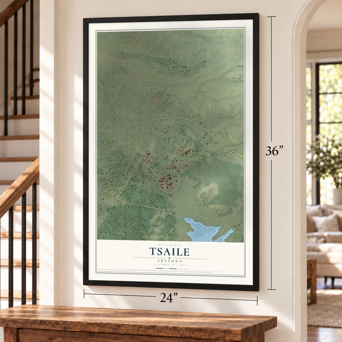 Tsaile, Arizona map, 24 x 36 inch print in a black frame by a staircase