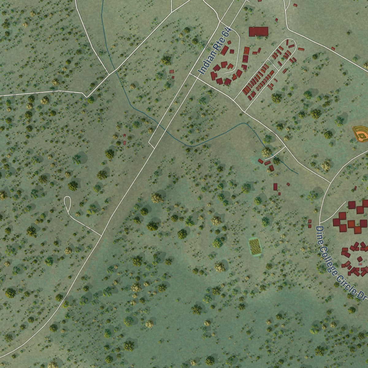 Close-up of the map of Tsaile, Arizona print showing street and building detail