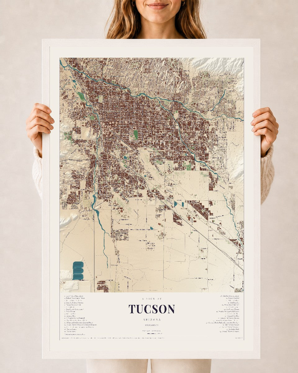 Tucson, Arizona map print, 24" x 36", W/ White Ayous Wood Frame