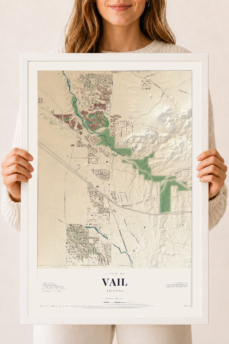 Map of Vail, Arizona, 18 x 24 inch print in a white wood frame
