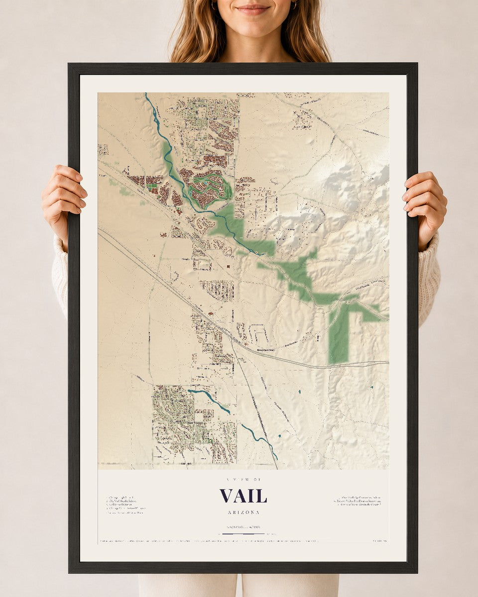 Vail, Arizona map print, 24" x 36", W/ Black Ayous Wood Frame