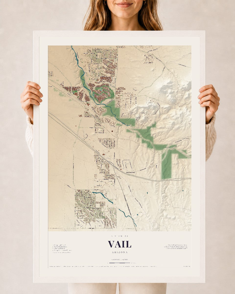 Vail, Arizona map print, 24" x 36", W/ White Ayous Wood Frame