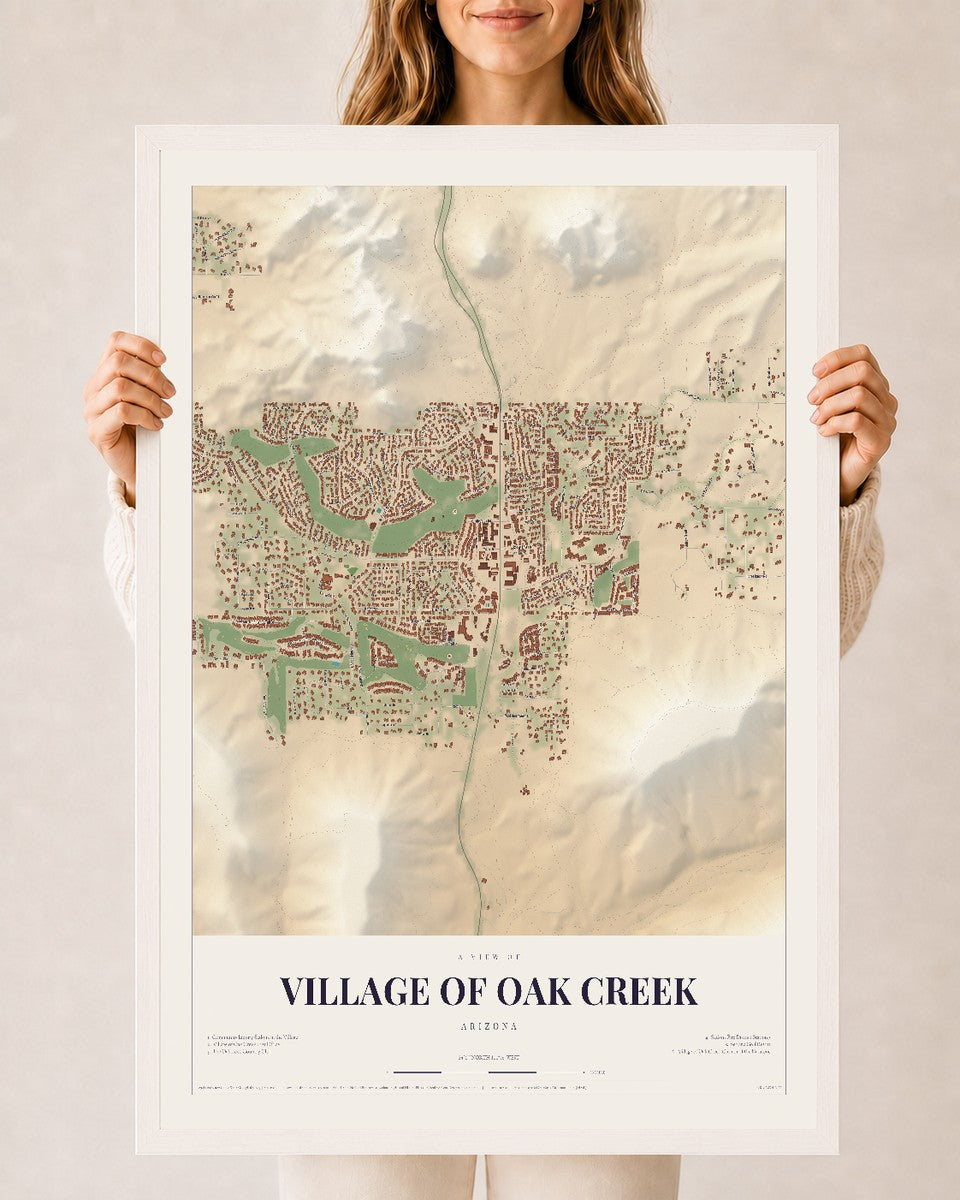 Village of Oak Creek, Arizona map print, 24" x 36", W/ White Ayous Wood Frame