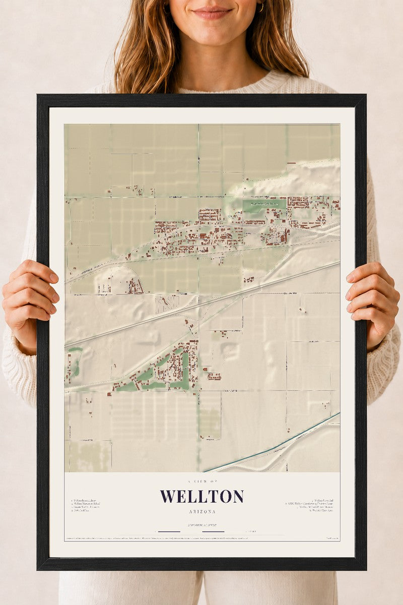 Wellton, Arizona map print, 18" x 24", W/ Black Ayous Wood Frame