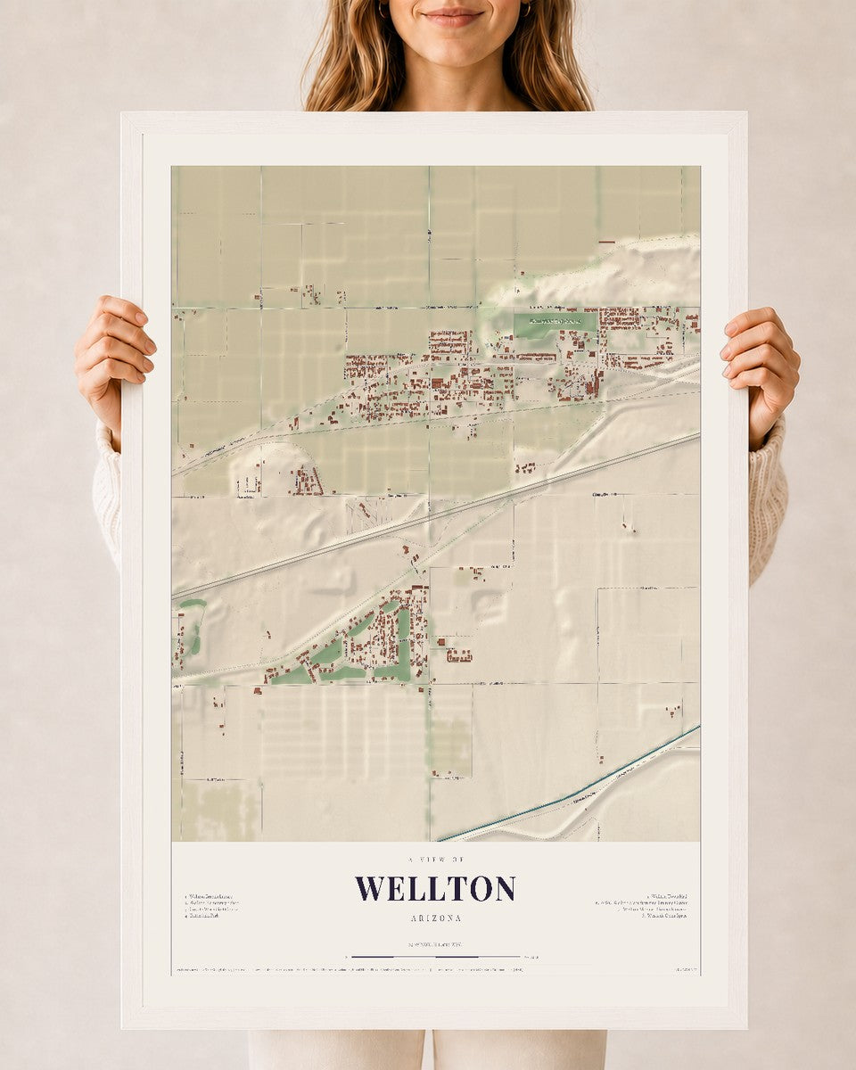 Wellton, Arizona map print, 24" x 36", W/ White Ayous Wood Frame