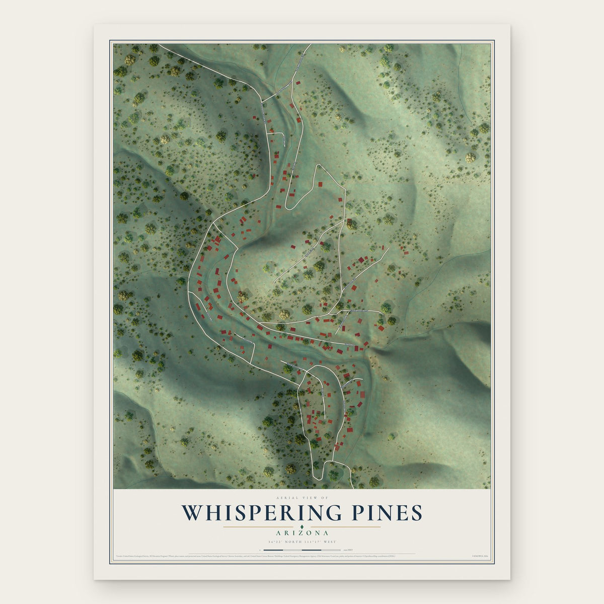 Whispering Pines, Arizona map print, the full design