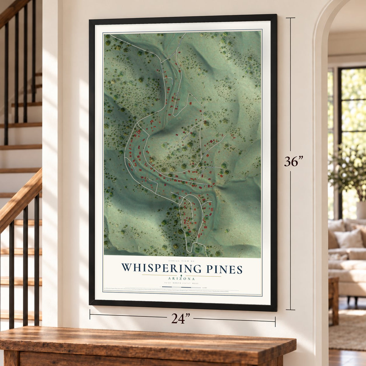 Whispering Pines, Arizona map, 24 x 36 inch print in a black frame by a staircase
