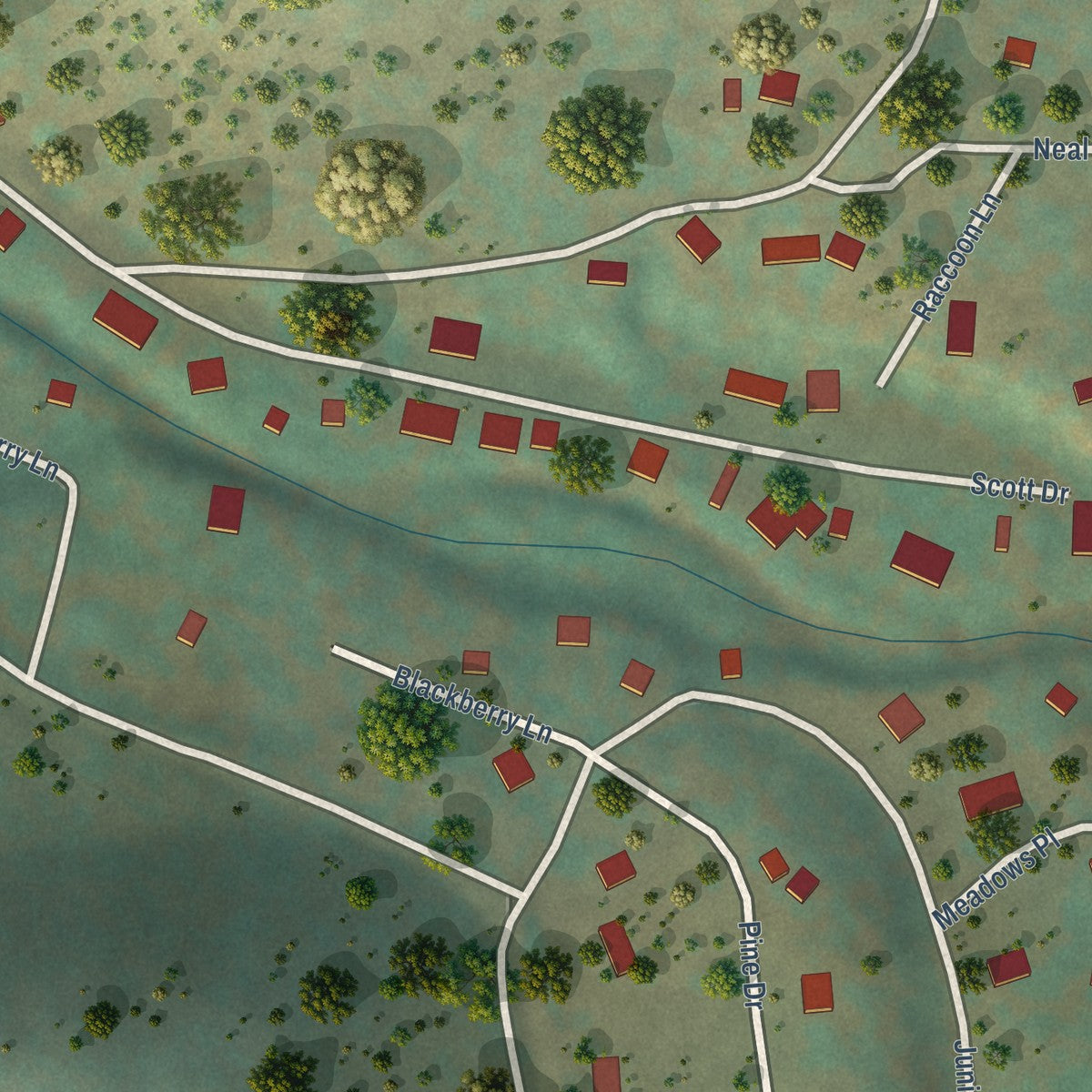 Close-up of the map of Whispering Pines, Arizona print showing street and building detail