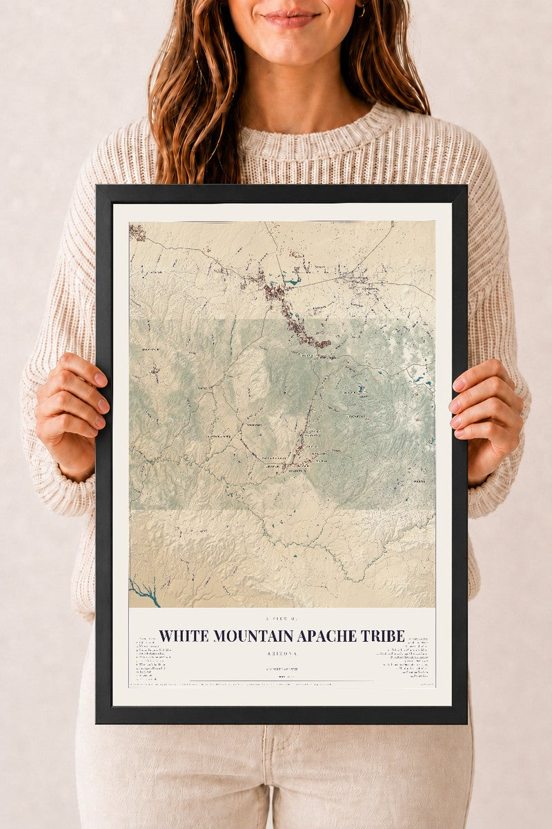 White Mountain Apache Tribe, Arizona map print, 12" x 18", W/ Black Ayous Wood Frame