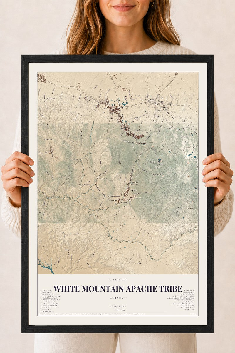 White Mountain Apache Tribe, Arizona map print, 18" x 24", W/ Black Ayous Wood Frame