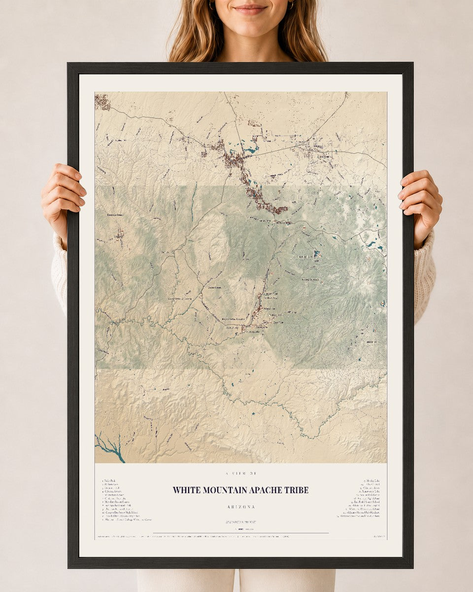 Map of White Mountain Apache Tribe, Arizona, 24 x 36 inch print in a black wood frame