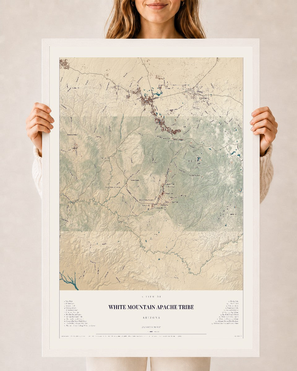 Map of White Mountain Apache Tribe, Arizona, 24 x 36 inch print in a white wood frame