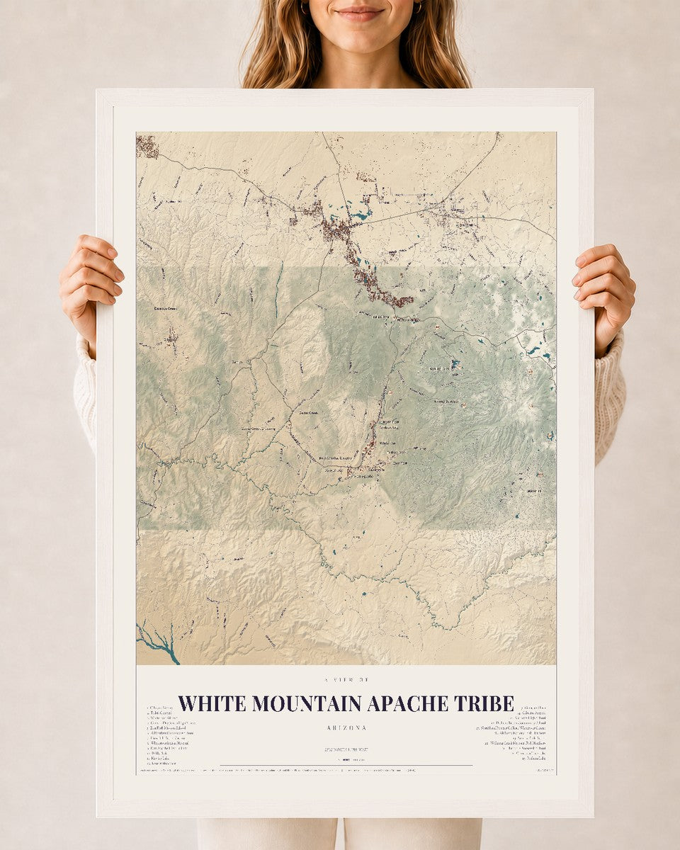 White Mountain Apache Tribe, Arizona map print, 24" x 36", W/ White Ayous Wood Frame