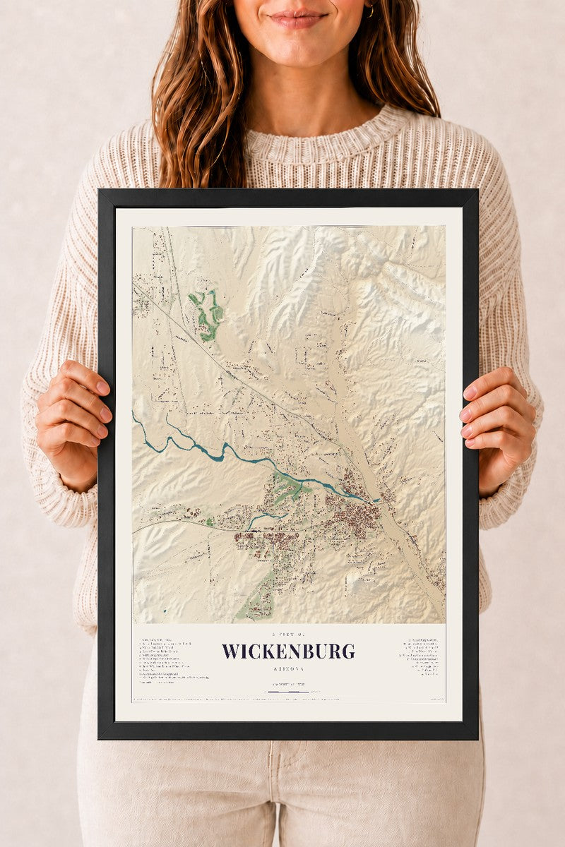 Wickenburg, Arizona map print, 12" x 18", W/ Black Ayous Wood Frame