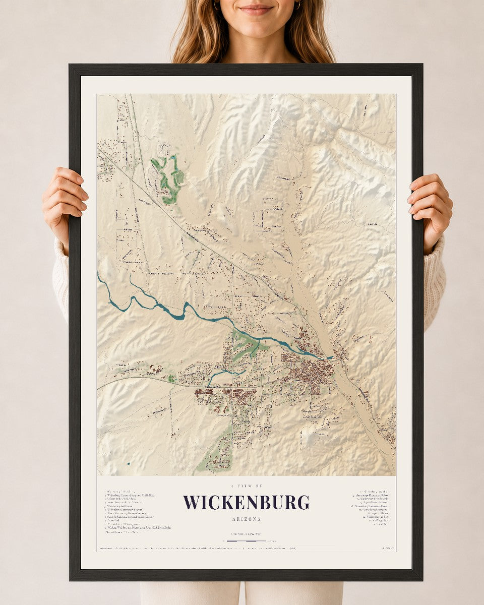 Wickenburg, Arizona map print, 24" x 36", W/ Black Ayous Wood Frame