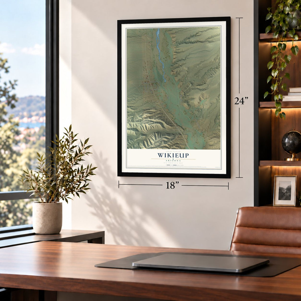 Wikieup, Arizona map, 18 x 24 inch print in a black frame in a home office