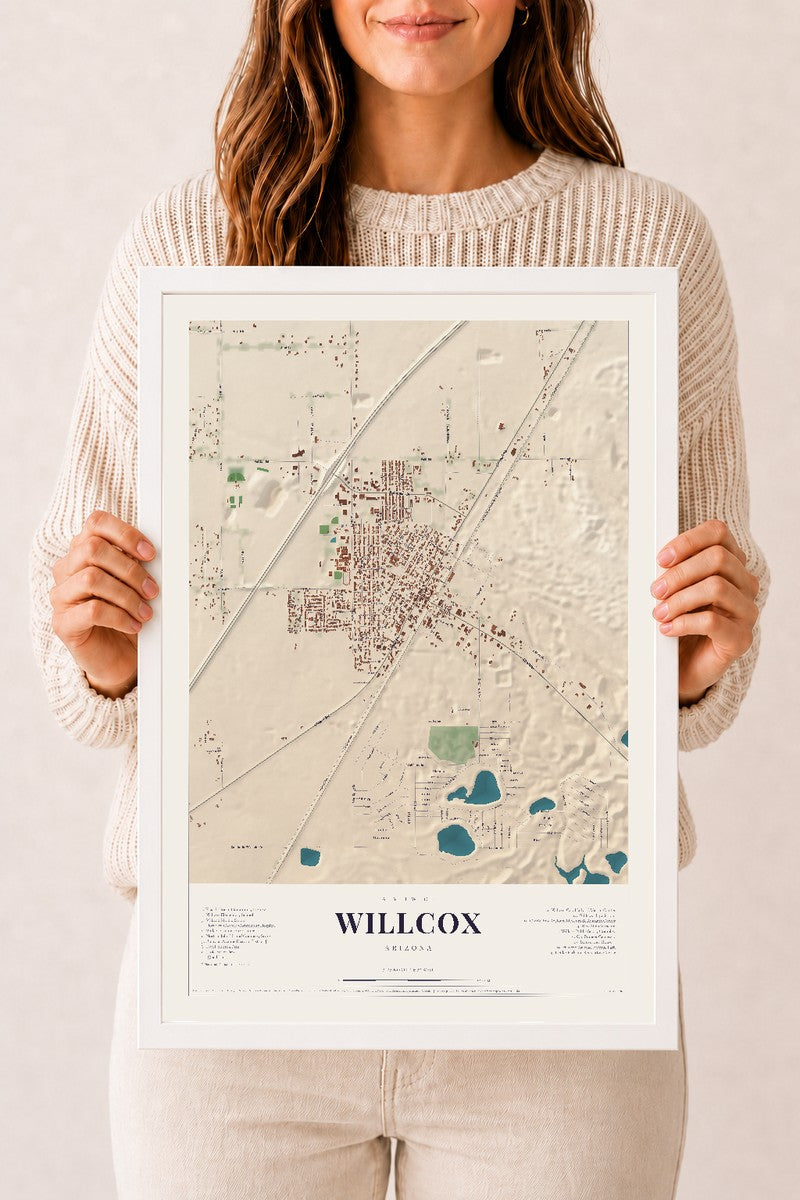 Willcox, Arizona map print, 12" x 18", W/ White Ayous Wood Frame