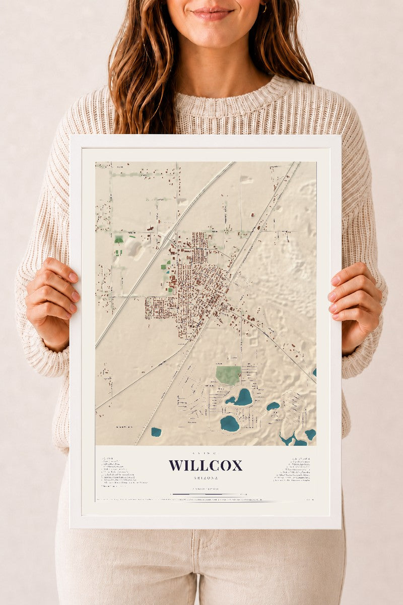 Map of Willcox, Arizona, 12 x 18 inch print in a white wood frame