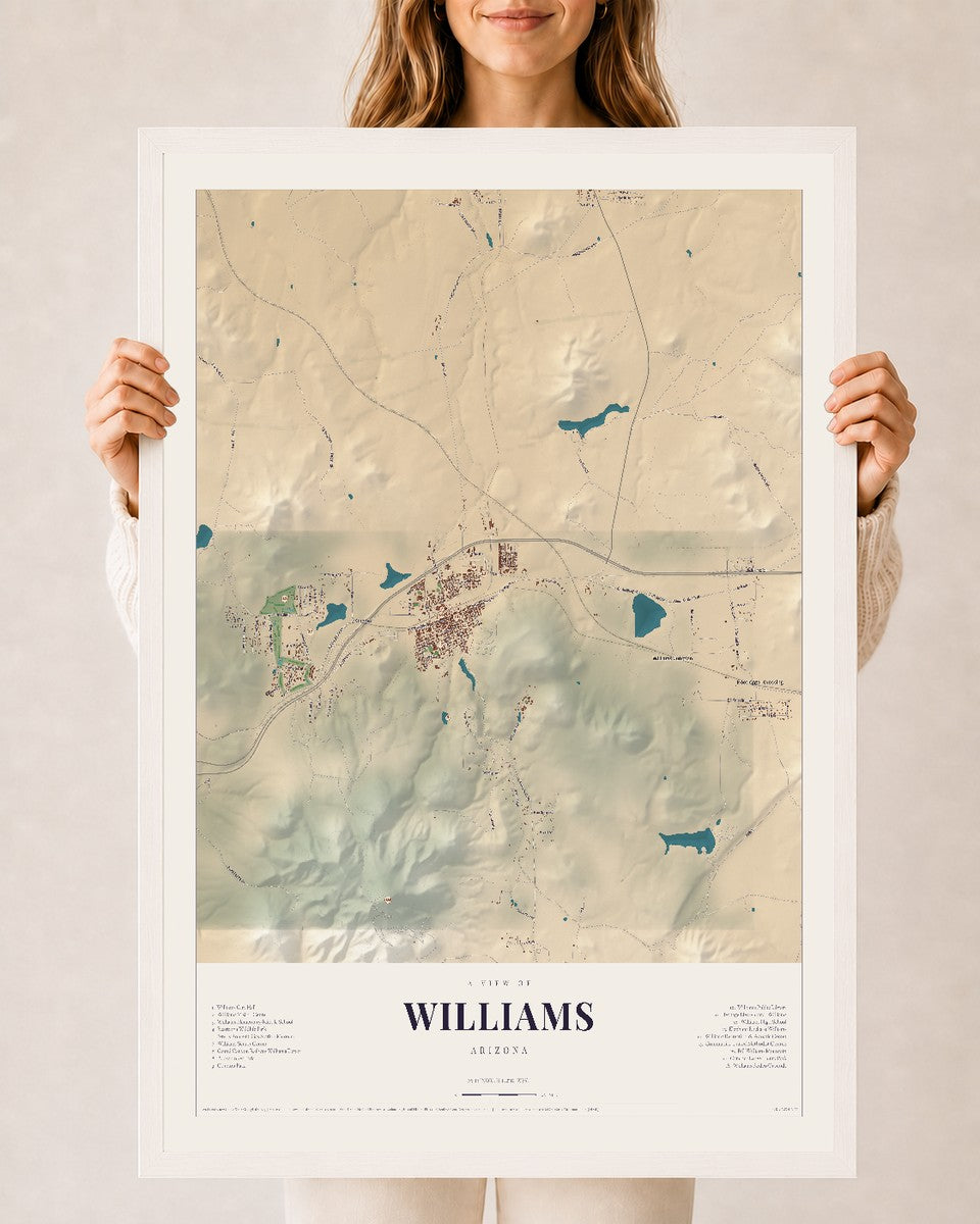 Williams, Arizona map print, 24" x 36", W/ White Ayous Wood Frame