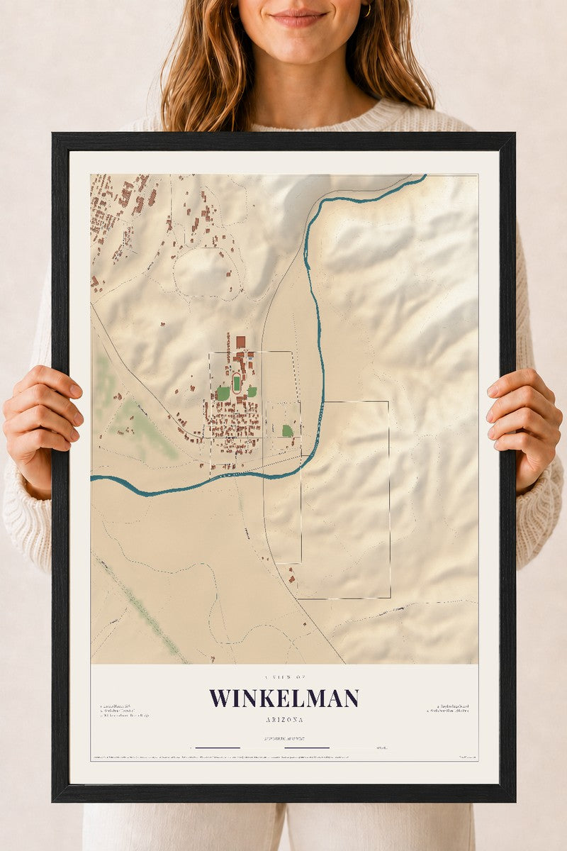 Map of Winkelman, Arizona, 18 x 24 inch print in a black wood frame