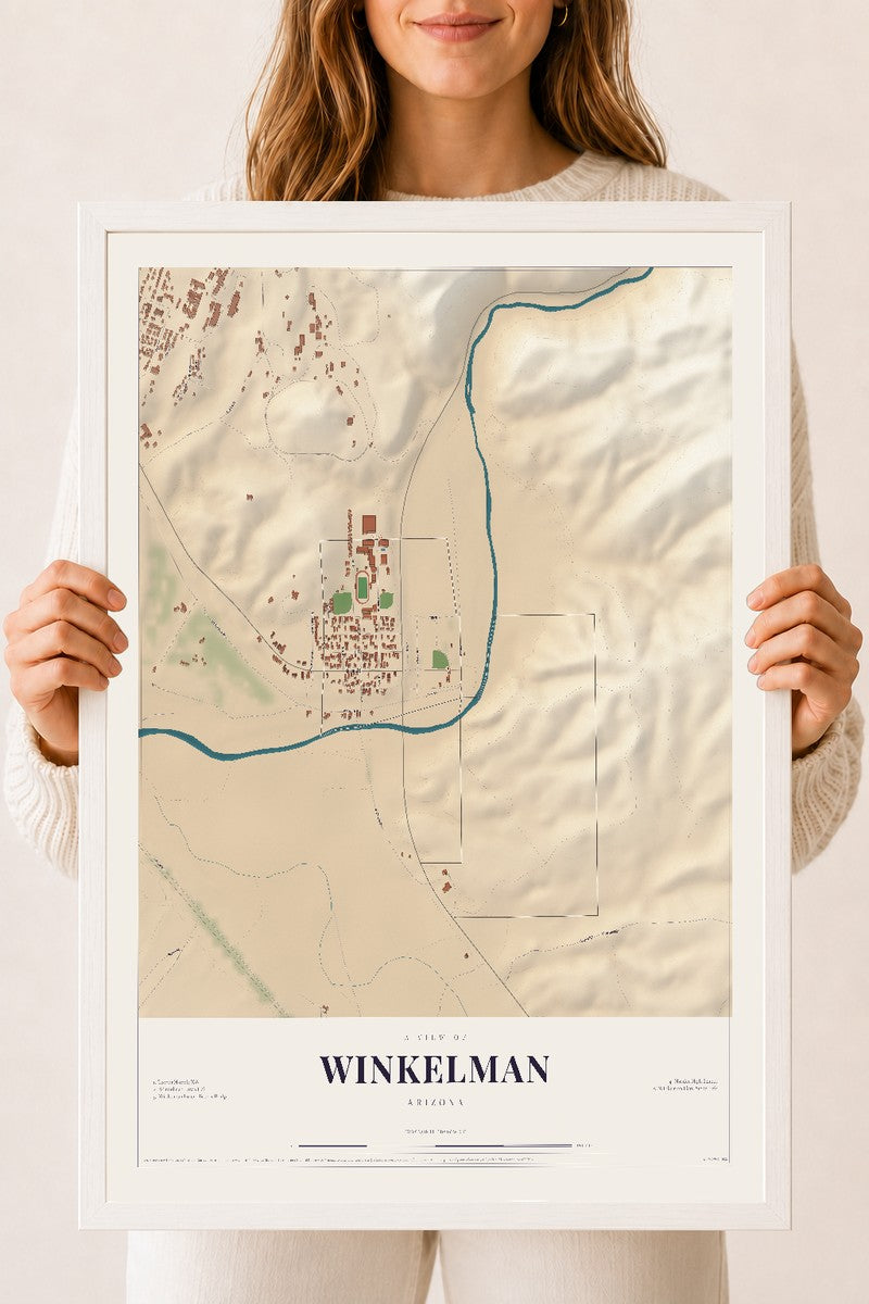 Map of Winkelman, Arizona, 18 x 24 inch print in a white wood frame