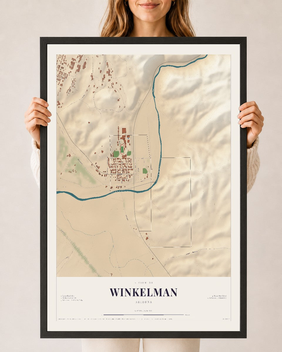 Map of Winkelman, Arizona, 24 x 36 inch print in a black wood frame