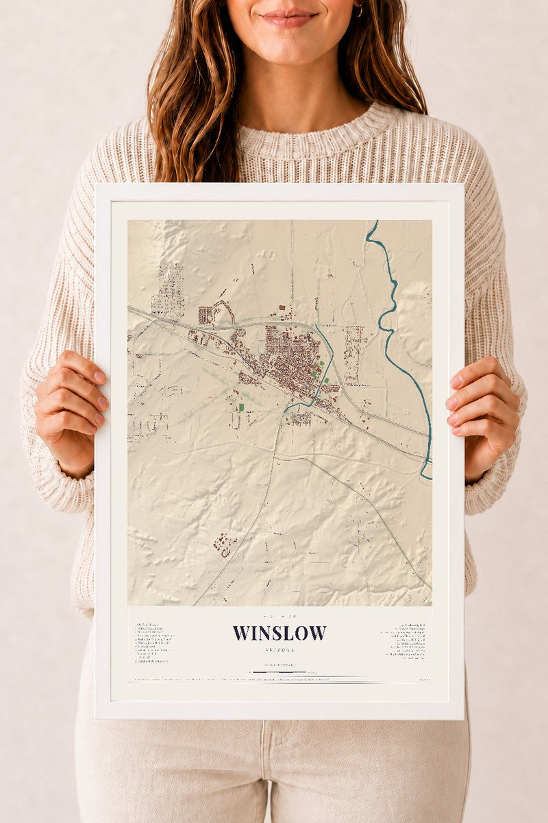 Winslow, Arizona map print, 12" x 18", W/ White Ayous Wood Frame