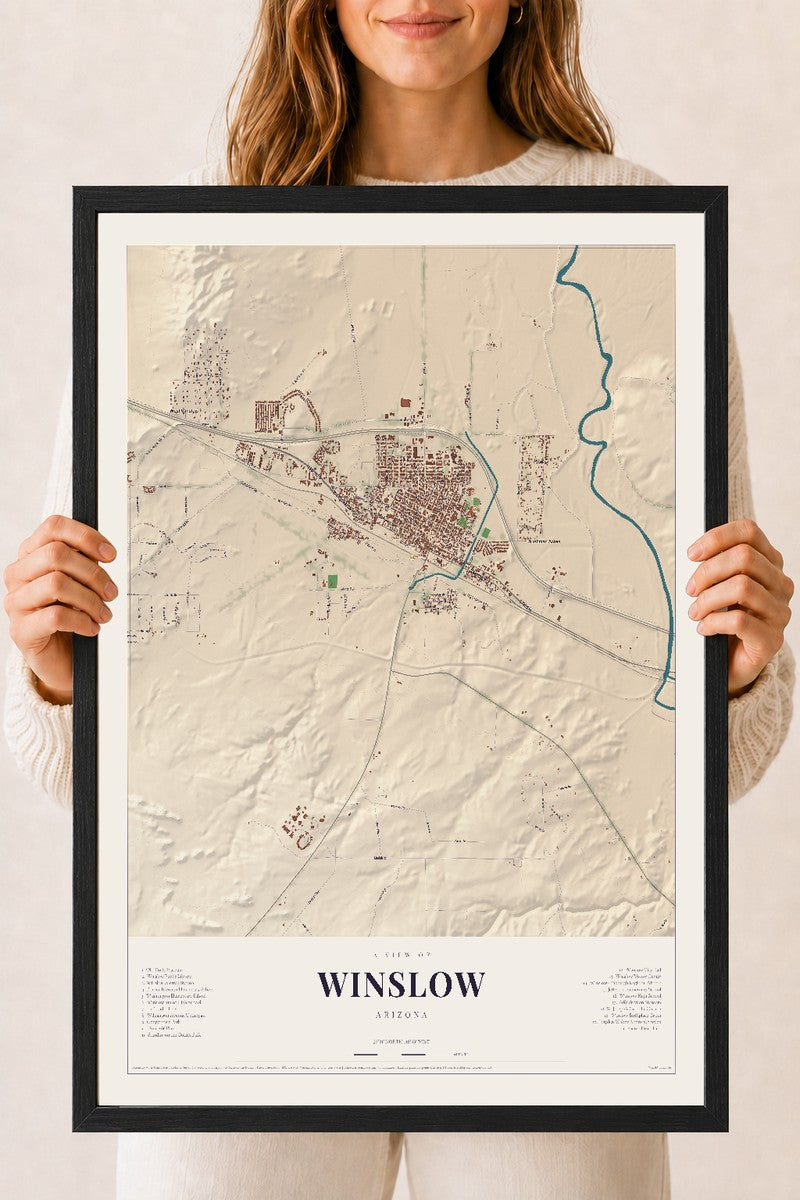 Winslow, Arizona map print, 18" x 24", W/ Black Ayous Wood Frame