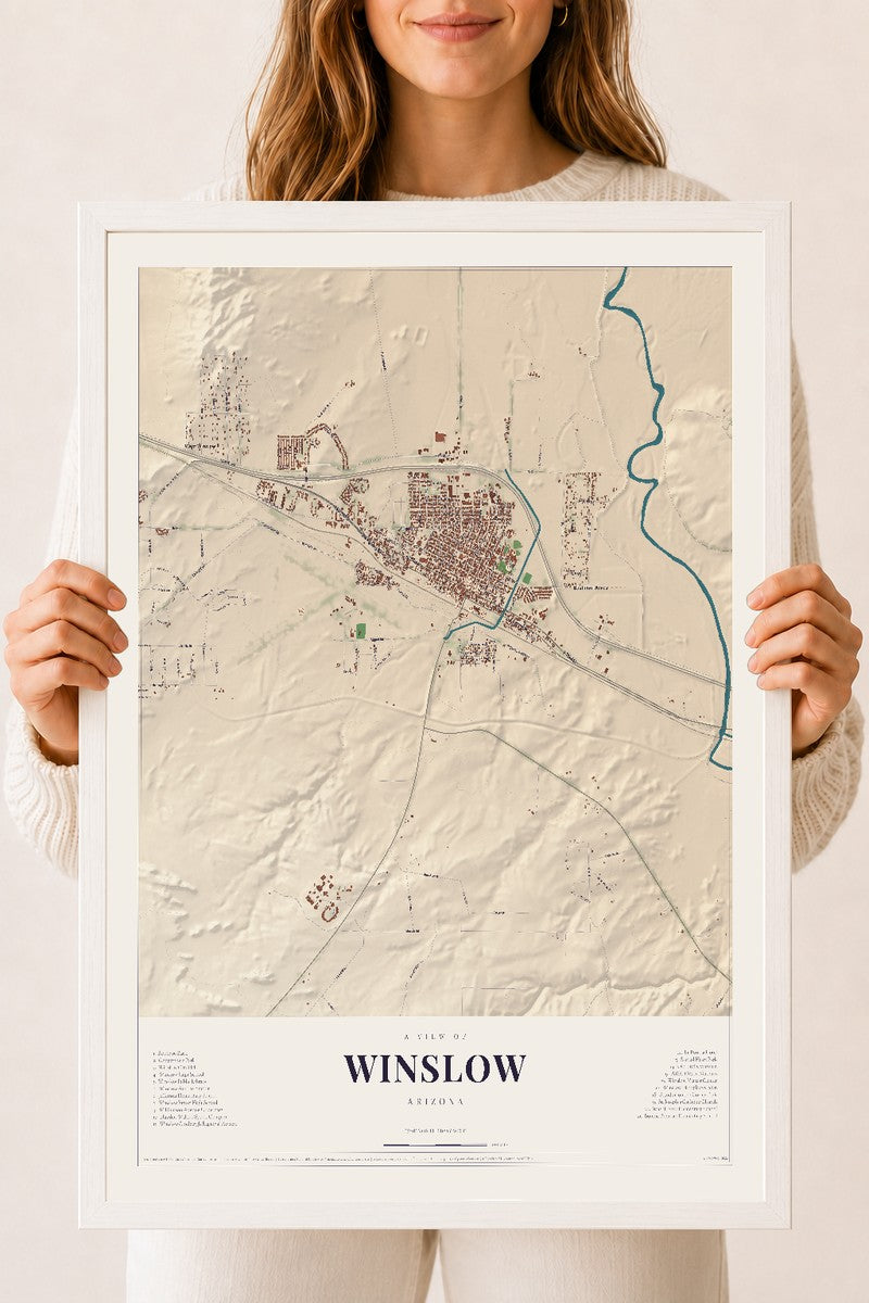 Map of Winslow, Arizona, 18 x 24 inch print in a white wood frame