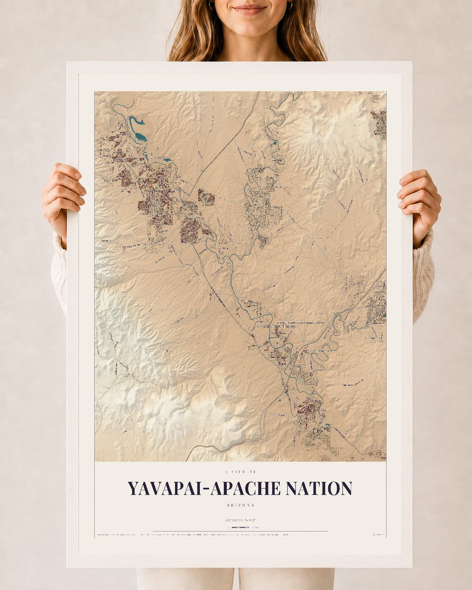 Yavapai-Apache Nation, Arizona map print, 24" x 36", W/ White Ayous Wood Frame