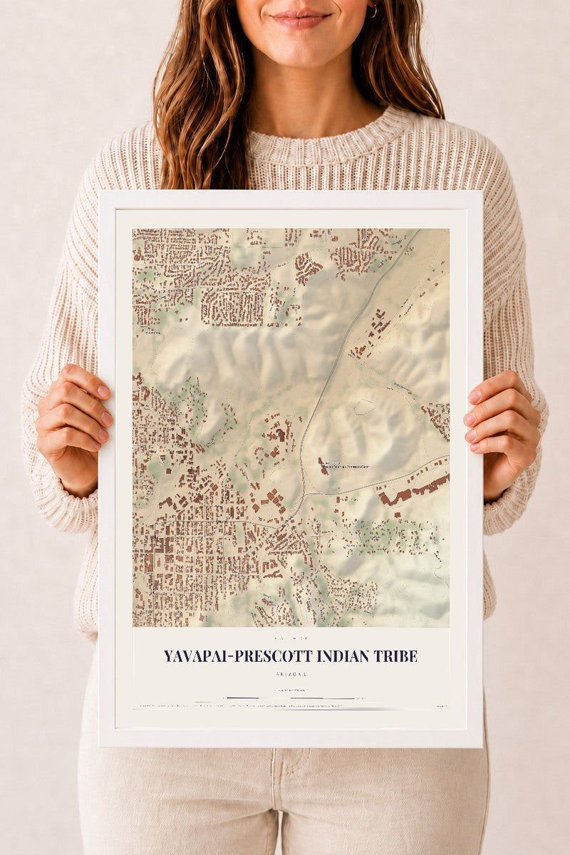 Yavapai-Prescott Indian Tribe, Arizona map print, 12" x 18", W/ White Ayous Wood Frame