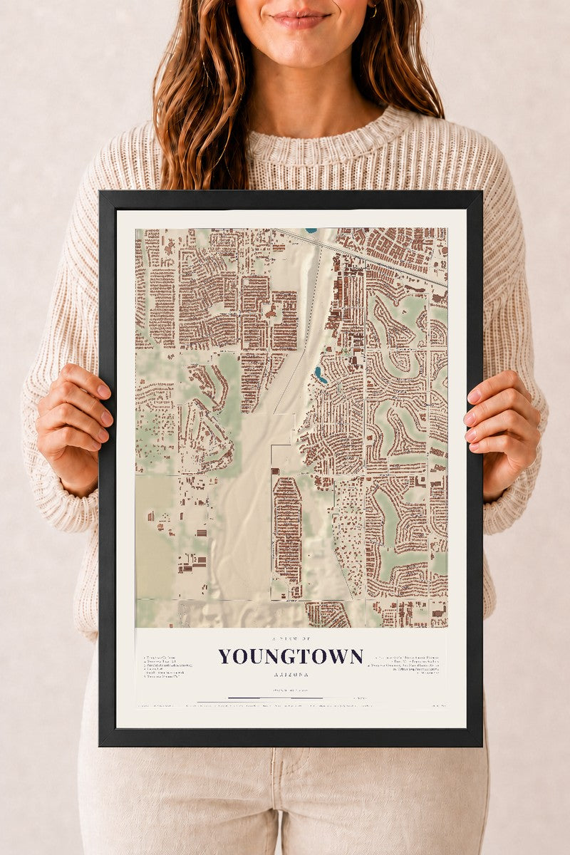 Youngtown, Arizona map print, 12" x 18", W/ Black Ayous Wood Frame