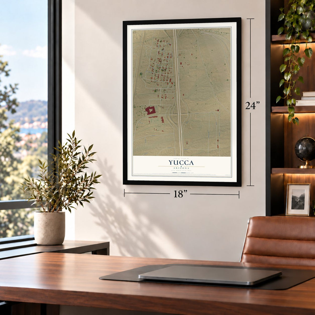 Yucca, Arizona map, 18 x 24 inch print in a black frame in a home office
