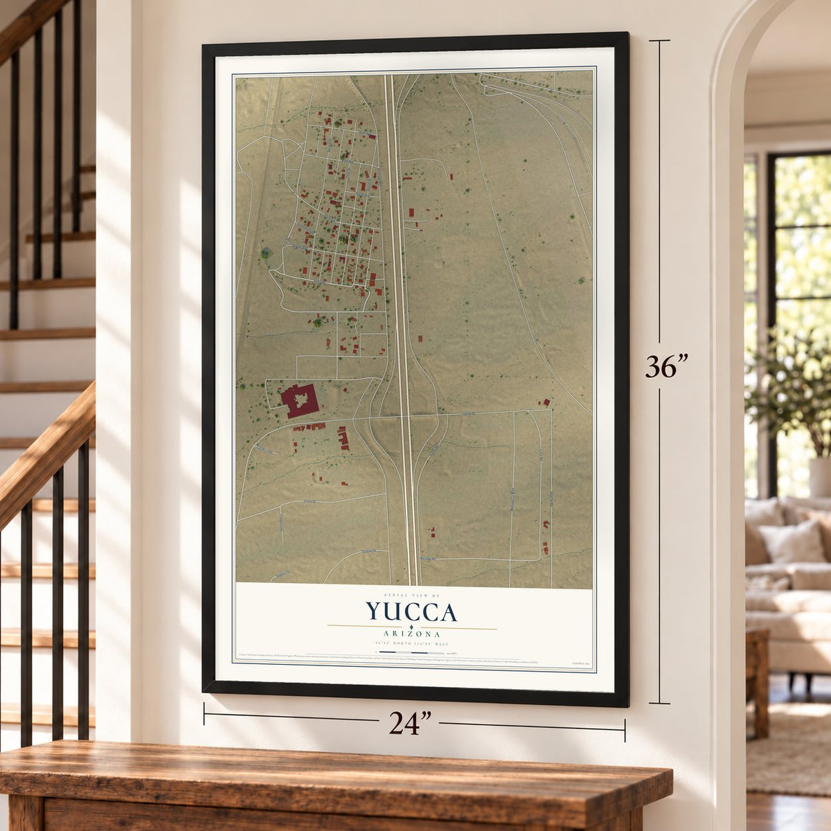 Yucca, Arizona map, 24 x 36 inch print in a black frame by a staircase