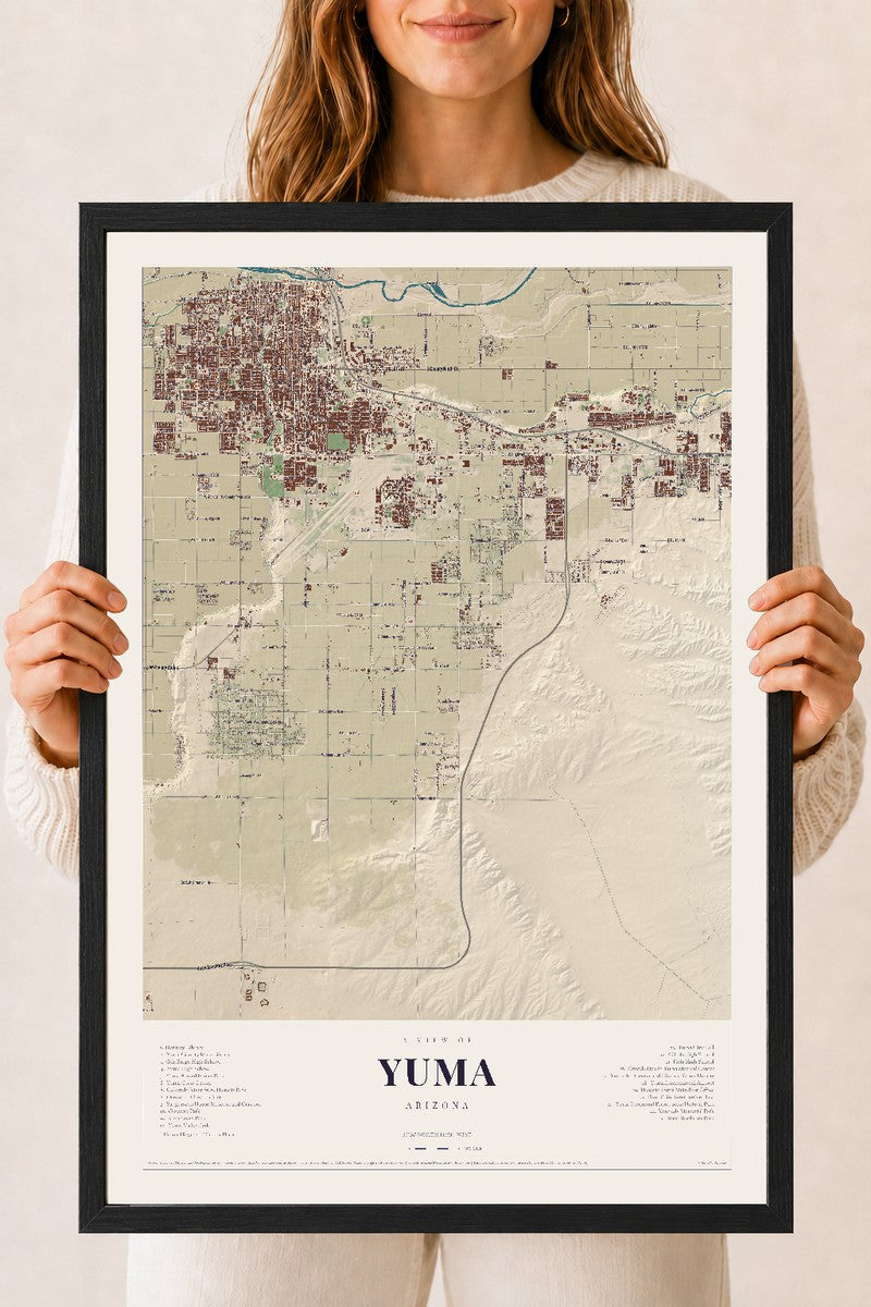 Yuma, Arizona map print, 18" x 24", W/ Black Ayous Wood Frame