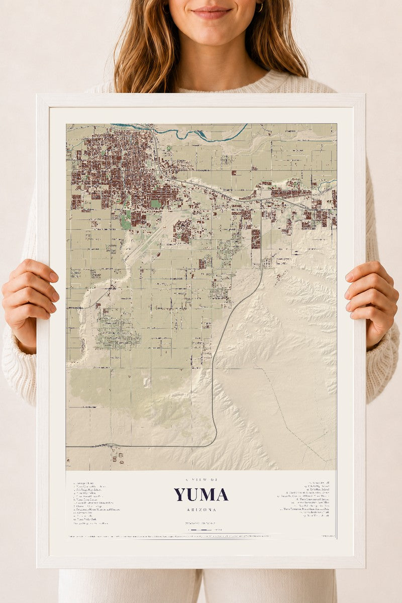 Yuma, Arizona map print, 18" x 24", W/ White Ayous Wood Frame