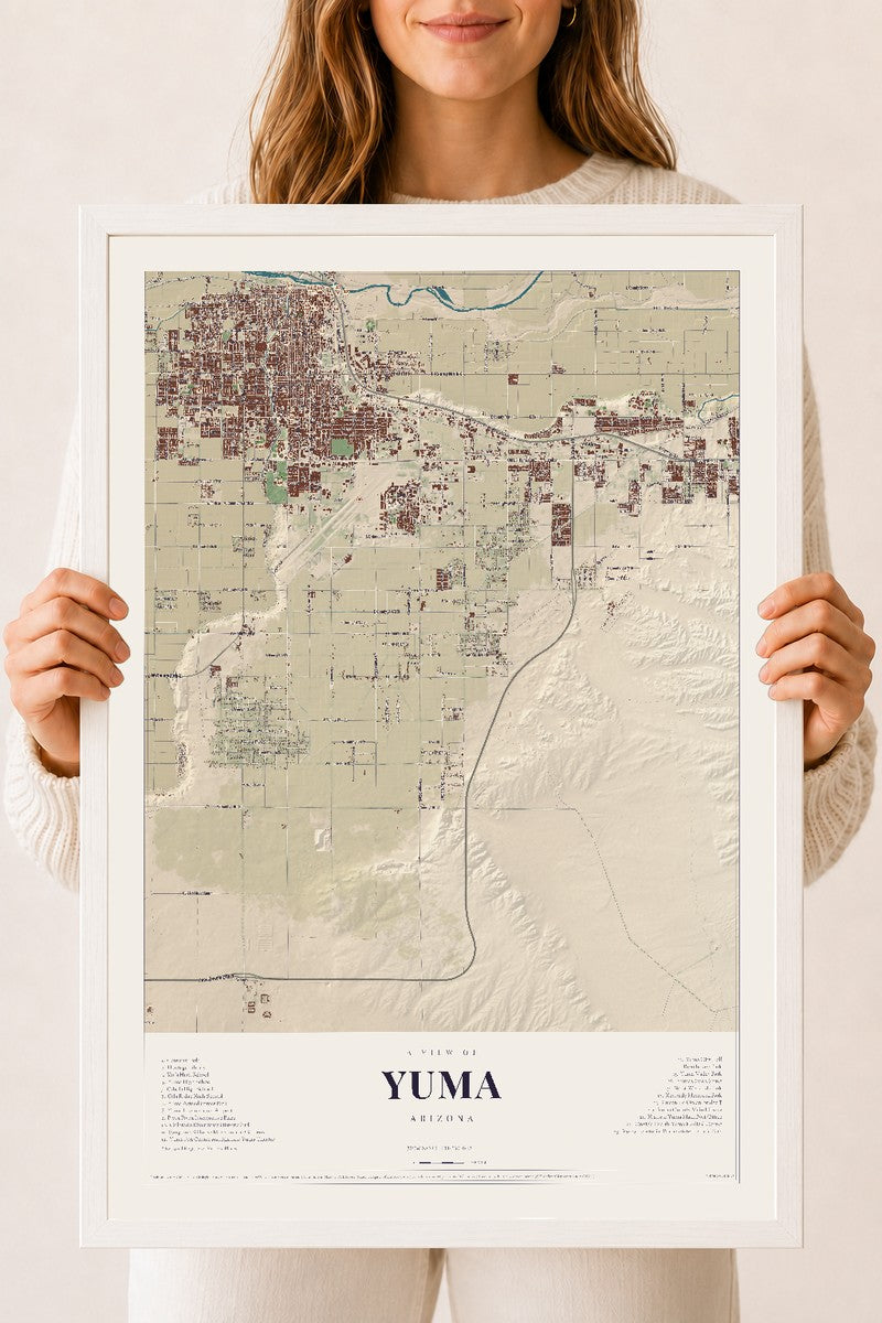 Map of Yuma, Arizona, 18 x 24 inch print in a white wood frame