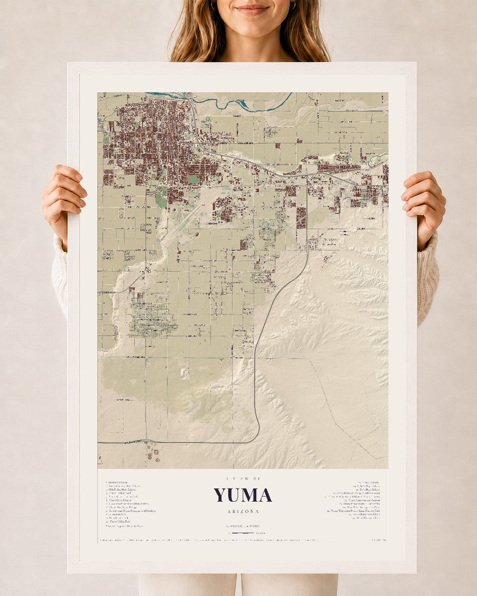 Yuma, Arizona map print, 24" x 36", W/ White Ayous Wood Frame