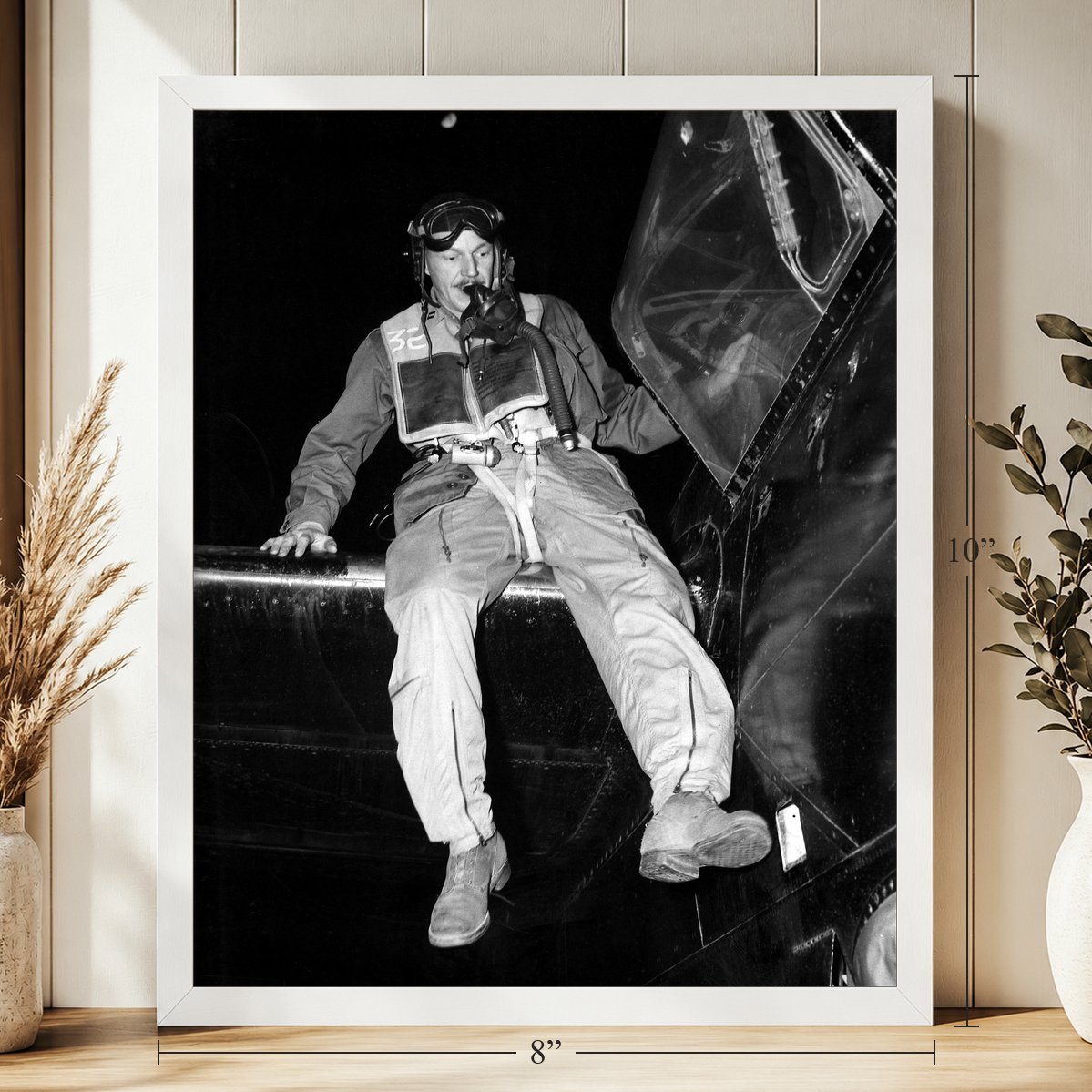 B-26 Night Intruder Pilot, Korea, 1951, 8 x 10 inch vintage photo print in a white frame on a shelf