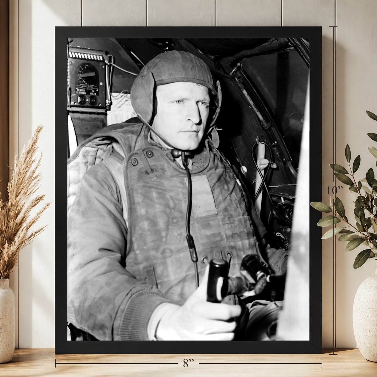 B-29 Pilot on Okinawa, 1951, 8 x 10 inch vintage photo print in a black frame on a shelf